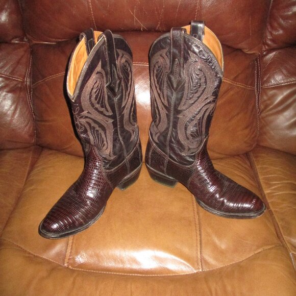 Size 10 EE - VTG Resistol Ranch Western Lizard Cowboy Boots Brown Lizard Cowboy Boots R Toe | Rustic Vintage Look main image 4